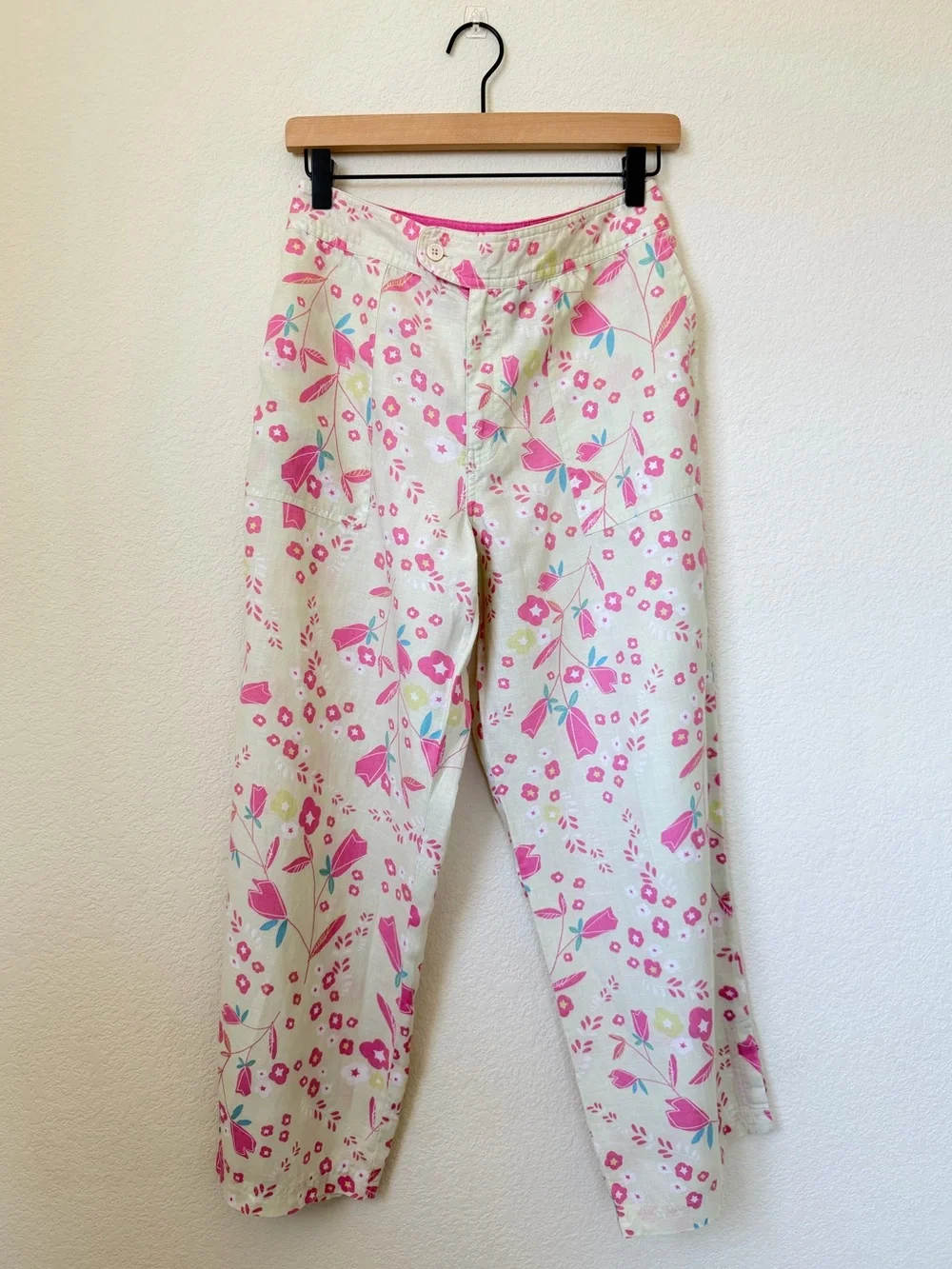 Sigrid Olsen Linen Pink Floral Crop Pants Size 12